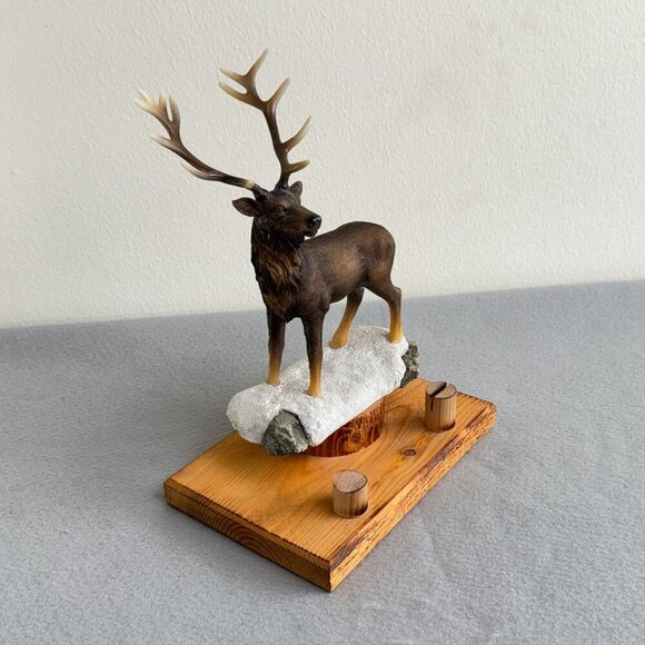 Hand-Painted Resin Deer Figurine 11" Antler Detail, Stone Accent, Wooden Base - Picture 3 of 13